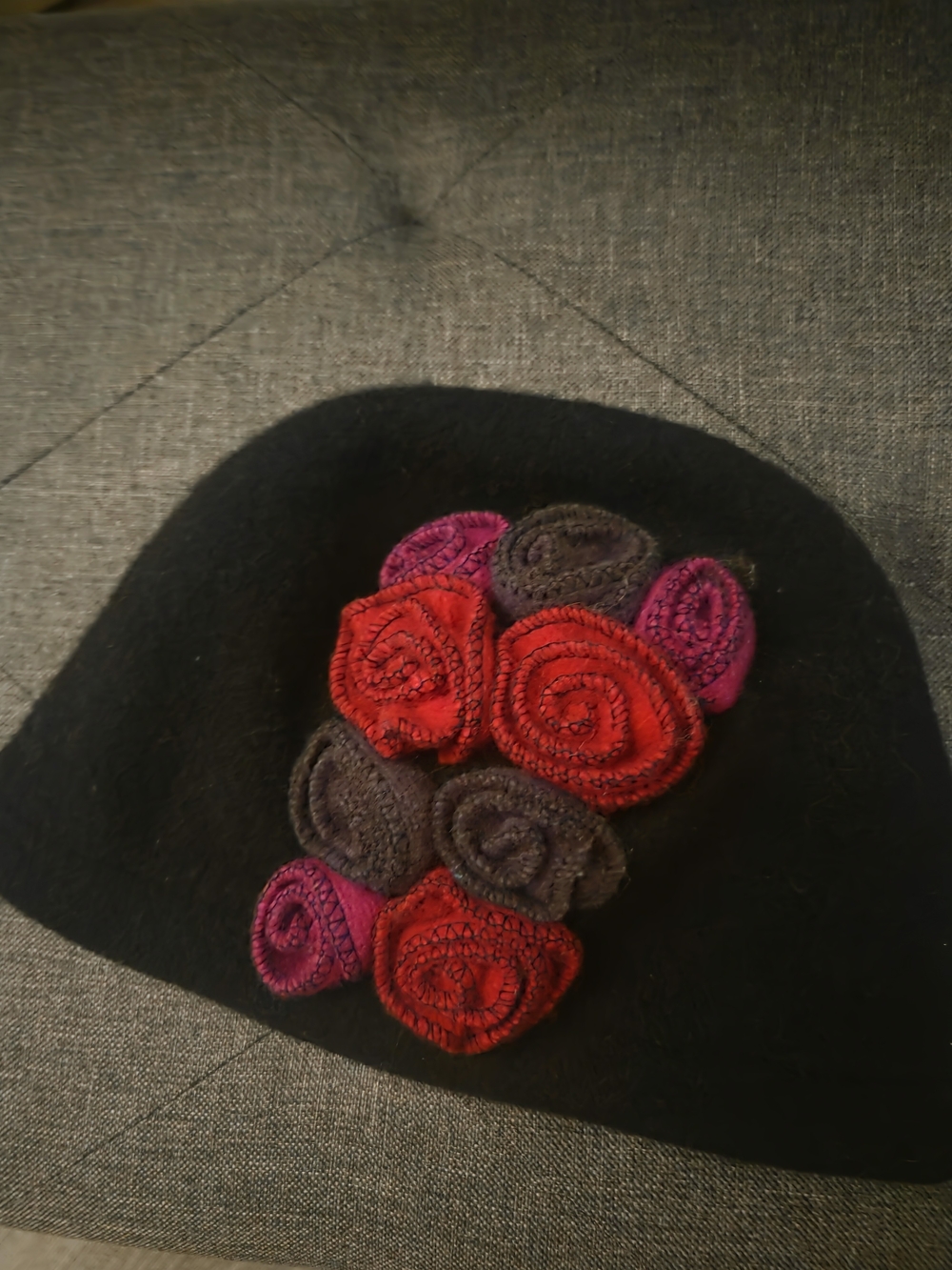 Black Wool Beret with Red, Purple and Gray Floral Appliqué